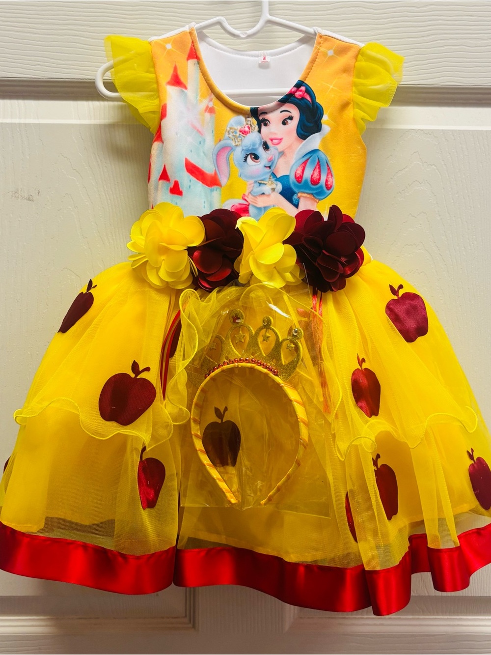 Snow White inspired yellow  Dress with Red Apple Accents and Floral Belt